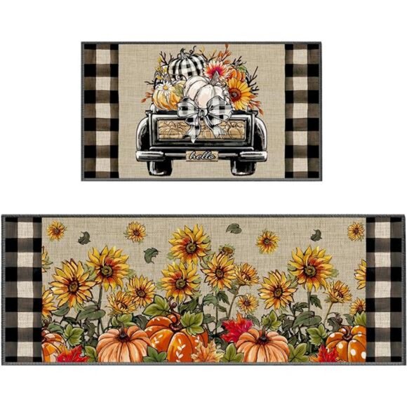 Fall Kitchen Rugs Set of 2, Non-Slip Kitchen Floor Mats, Sunflower Pumpkin - Picture 1 of 8